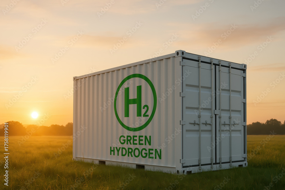 Obraz premium Green hydrogen container stands in field at sunset symbolizing renewable energy infrastructure for sustainable power and clean fuel solutions in natural environment