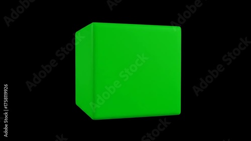 Dynamic 3D Green Screen Cube Tumbling and Rotating on an Isolated Black Background