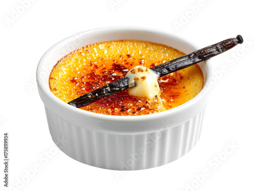 Delicious creme brulee dessert with vanilla bean isolated on transparent background