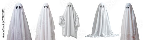 Set of white sheet ghost costumes with eye holes isolated on transparent background. 