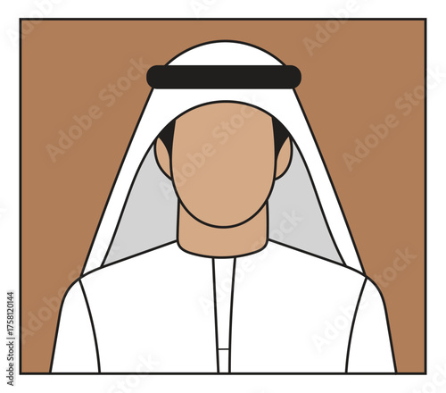 "Minimalist Illustration of an Arab Man in Traditional White Thobe and Ghutra – Cultural Portrait with Brown Background and Modern Flat Design"