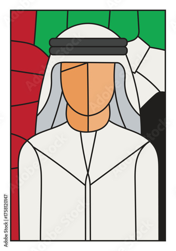 A faceless image of an Emirati Arab man wearing traditional dress - a modern illustration in the colors of the UAE flag and a geometric mosaic pattern