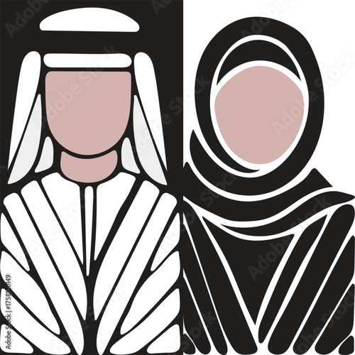 Symmetrical Illustration of Arab Man and Woman in Traditional Attire – Minimalist Cultural Portrait Featuring Ghutra, Thobe, Abaya, and Hijab with Contrasting Backgrounds