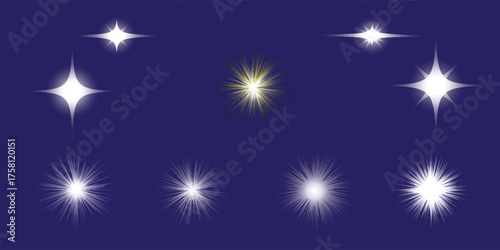 Diverse sparkling white and golden light effects starbursts and lens flares collection.
