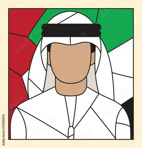 Stylized design of an Emirati Arab man wearing traditional dress - set against a background in the colors of the UAE flag, ideal for national celebrations and cultural education