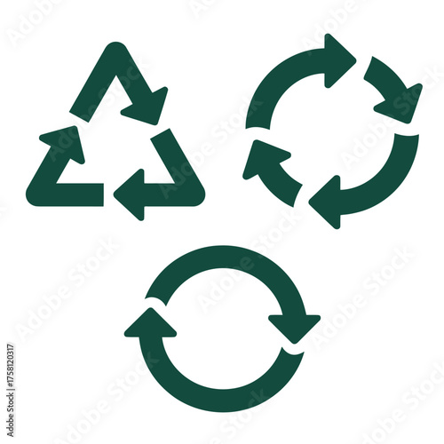 Three distinct green recycling symbols illustrating environmental sustainability and the core principles of the circular economy concept for eco friendly initiatives