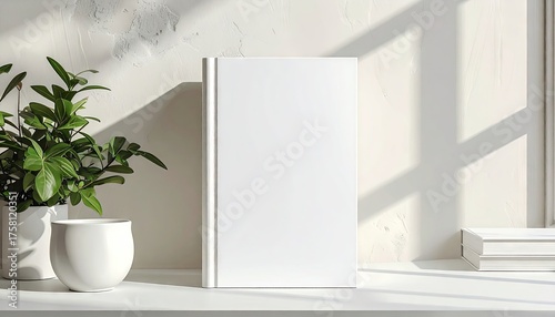 A blank book is displayed upright on a white surface, with a plant in a white pot to the left, and a second white container.
