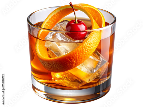 Old fashioned cocktail isolated on transparent background with cherry and orange