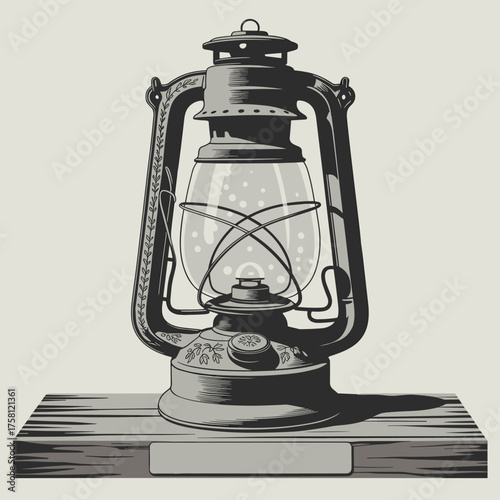 Vintage kerosene lantern illuminated and ready to light the darkness on a wooden shelf