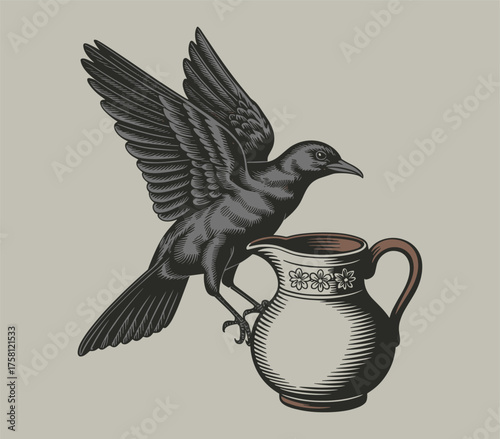 A crow perched on a pitcher in a vintage illustration style logo