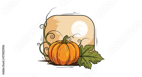 A vibrant orange pumpkin sits on a vine with a full moon in the background.