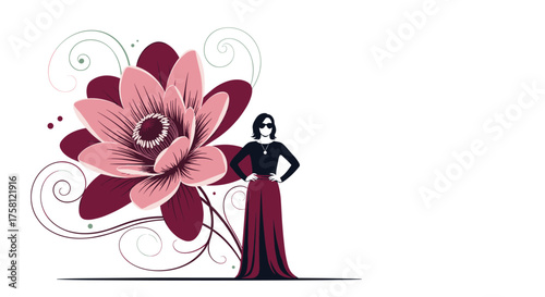 Elegant woman in a long dress standing by a large artistic flower with swirls. An illustration of grace and beauty in a thoughtful pose.