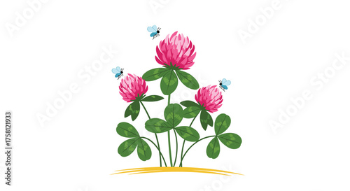 A cluster of red clover flowers attracts small blue butterflies in a meadow.