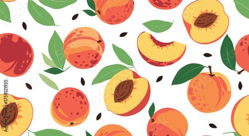 A delightful collection of ripe peaches with green leaves and scattered seeds on a white background.