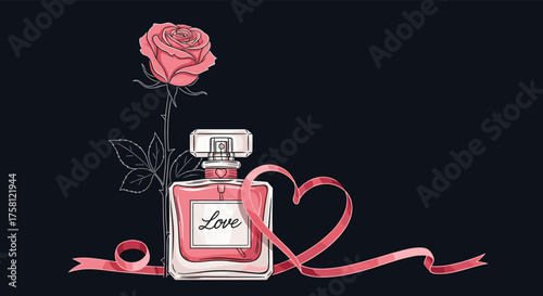 A romantic perfume bottle with a rose and a ribbon tied in a heart shape suggesting love and beauty.