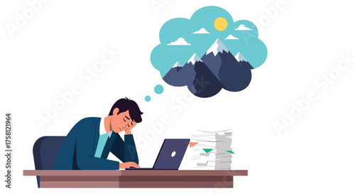 A businessman dreams of mountains while working at his desk with stacks of papers.