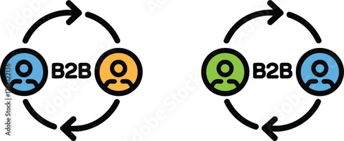 Two distinct circular diagrams illustrating business to business relationships with colorful avatars and directional arrows for strategic partnerships and network connections