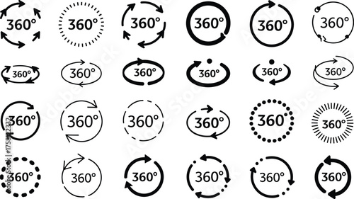 360 Degree Icon Set Featuring Circular Arrows, Dotted Lines, Rotation Symbols for Panoramic View, Virtual Tour and UI Design Concepts
