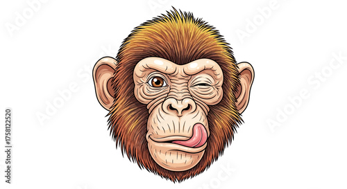 Cartoon Monkey Face Winking with Tongue Out Detailed Fur Texture.