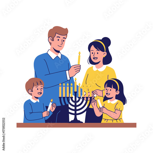 Family lighting Hanukkah menorah.