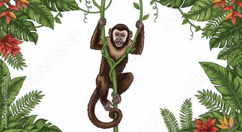 Cartoon Monkey Hanging on Vine Brown Fur Expressive Face.