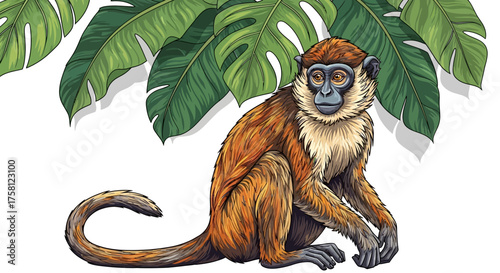 Detailed Illustration of a Sitting Monkey with Orange and Brown Fur.
