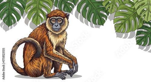 Detailed Illustration of a Sitting Monkey with Brown and Tan Fur.