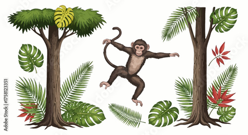 Playful Brown Monkey Leaping with Arms Outstretched in Jungle Scene.