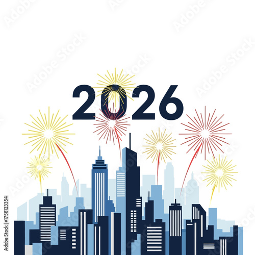 New Years Eve Fireworks Over City Skyline 2026 Celebration.