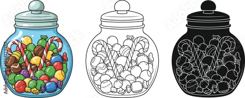 Candy jar with sweets in color, outline, and silhouette illustration