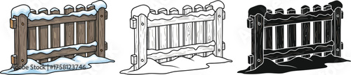 Fence with snow in color, line art, and silhouette illustration