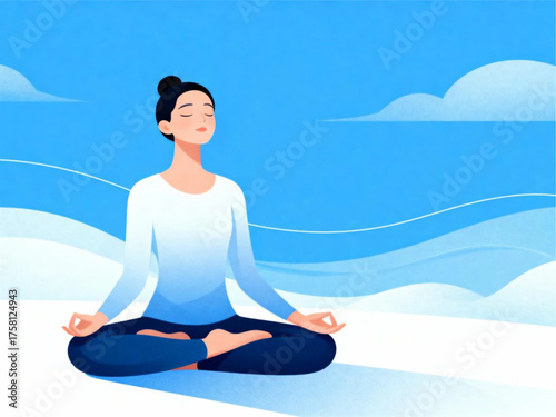 Serene woman meditating peacefully in lotus pose amidst a tranquil sky and clouds, symbolizing inner calm and mindfulness