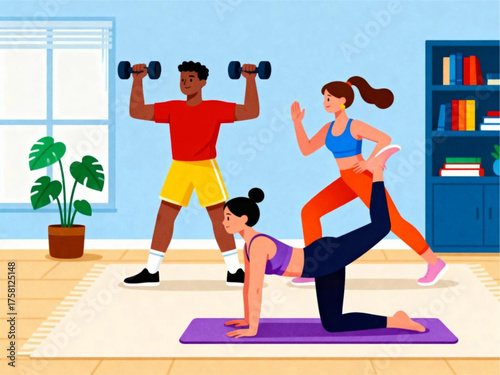 Diverse group of people engaging in a home fitness routine, including weightlifting and yoga poses