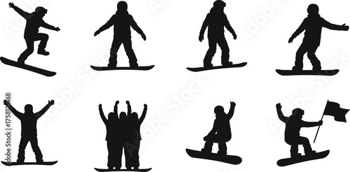 Snowboarding silhouette, winter sport, mountain action, group celebration, jump pose, black vector, outdoor activity, snowboard tricks, flag ride, freestyle moment