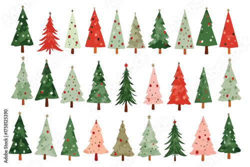 A colorful assortment of watercolor christmas trees in varying shades
