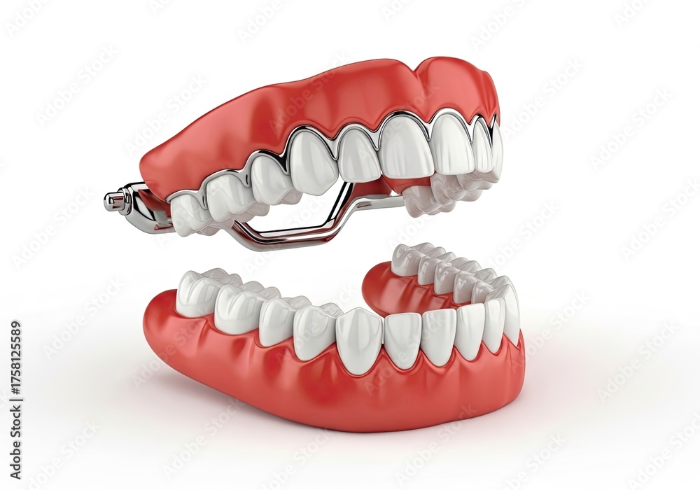 Obraz premium Upper and Lower Dentures with Metal Clasps on a White Background Dental Prosthetics