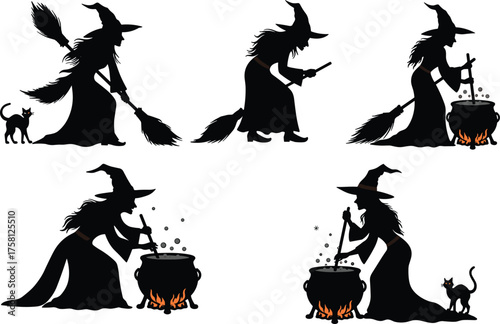 Witch silhouettes with broomsticks, cauldrons, cats, and wands, magical spellcasting poses, Halloween theme, spooky black vector icons, fantasy illustration
