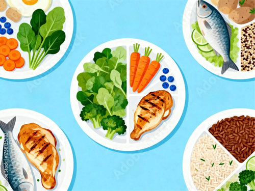 Healthy Eating Balance Plate with Lean Protein, Vegetables, and Grains