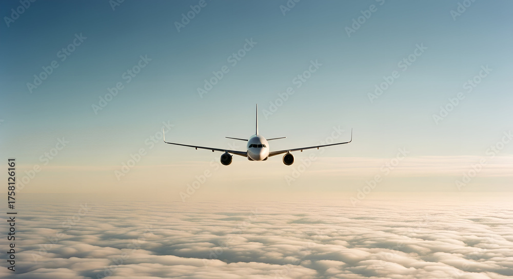 Fototapeta premium Passenger airplane flying above the clouds in a blue sky background. Front view angle. Modern passenger jet airplane.