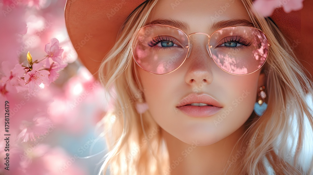 Fototapeta premium Young woman with sunglasses poses among blooming cherry blossoms in springtime setting