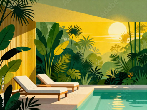 Lush tropical paradise with chaise lounges beside a shimmering pool at sunset