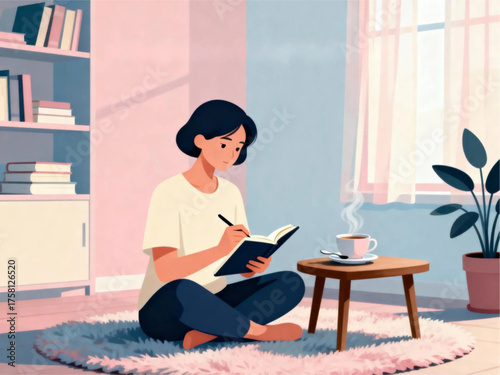 Woman journaling at home with coffee, soft pastel room, creating a calm and cozy atmosphere for introspection and creativity