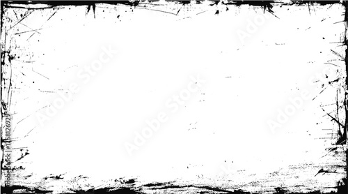 Grungy distressed black and white textured border with scattered speckles and scratches grunge. Grunge border texture background. Grunge style border  frame.