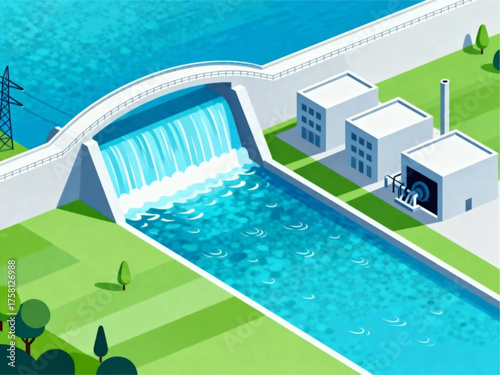 Isometric View of a Hydroelectric Dam and Power Plant on a River with Lush Surroundings