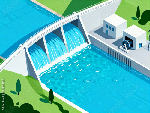 Isometric illustration of a hydroelectric power dam generating clean electricity for sustainable energy infrastructure development and environmental progress