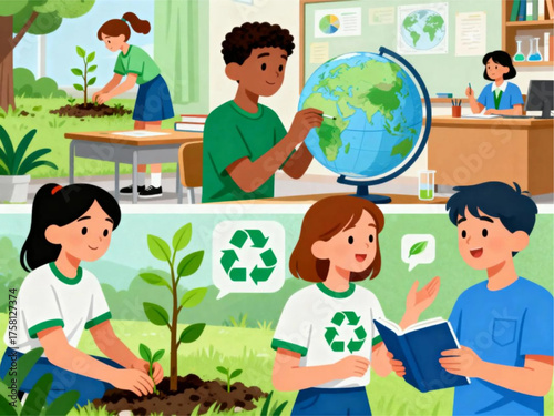 Young Students Actively Learning About Environmental Sustainability, Global Ecology, and Tree Planting for a Greener Future