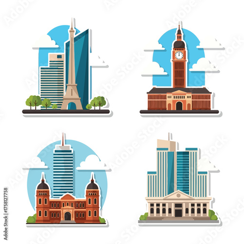 Four city landmarks: Eiffel Tower, Big Ben, and other buildings in a cartoon style, with clouds and a blue background.