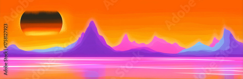 A stunning abstract landscape featuring vibrant orange tones and jagged mountains under a colorful sunset creating a dreamy ambiance.