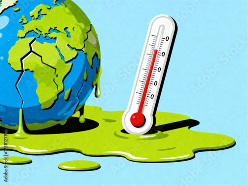Melting Earth globe and high-temperature thermometer depict global warming, symbolizing environmental crisis and urgent climate change