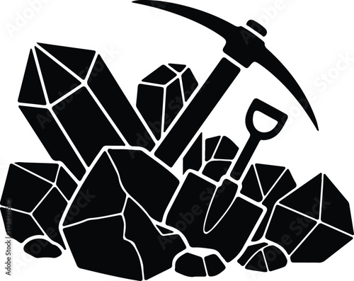 Vector Mining gems and pickaxe silhouette Illustrator